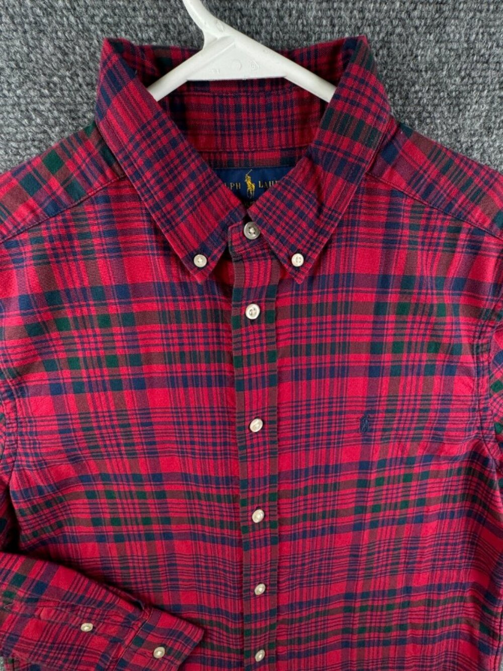 Ralph Lauren Boys Long Sleeve Button Up Oxford Red Blue Plaid XL 18-20 Cotton